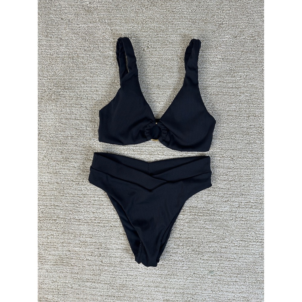 Summerful Black Ribbed Bikini Set Ring Front Top Crossover High Waist Small